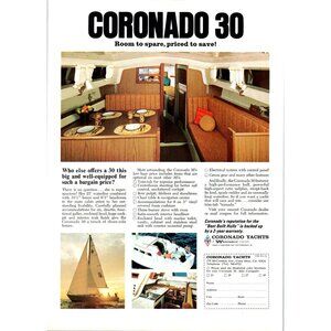 1971 Coronado 30 Sailing Yachts Vintage Print Ad Cabin Interior 70s Wall Art